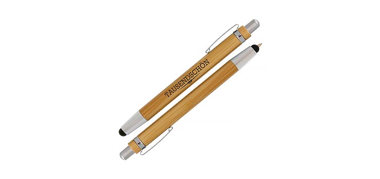 Bambus Kugelschreiber mit Touch-Pen (Stylus) - der Stift kann als Werbegeschenk bedruckt werden und ist ein touchpen.<br />
