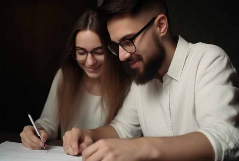 Eine Frau und ein Mann unterzeichnen einen Vertrag mit einem Kugelschreiber